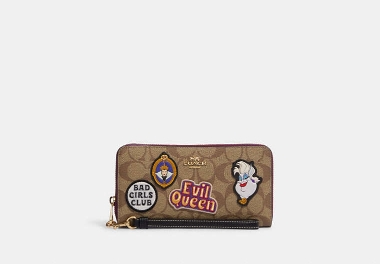 COACH®,DISNEY X COACH LONG ZIP AROUND WALLET IN SIGNATURE CANVAS WITH PATCHES,Signature Coated Canvas,Mini,Gold/Khaki Multi,Front View