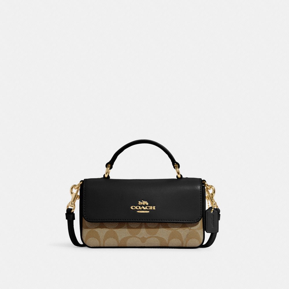 COACH®,MINI PORTÉ-CROISÉ À POIGNÉE SUPÉRIEURE JOSIE EN TOILE SIGNATURE À CONTRASTE DE COULEUR,Toile enduite embl...,Or/Kaki Noir Multi,Front View