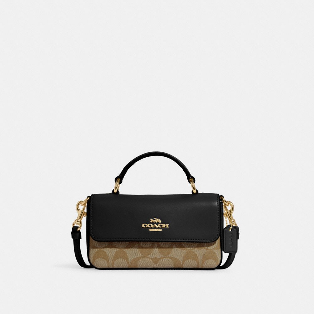 COACH®,MINI JOSIE TOP HANDLE CROSSBODY IN BLOCKED SIGNATURE CANVAS,Signature Coated Canvas,Mini,Gold/Khaki Black Multi,Front View