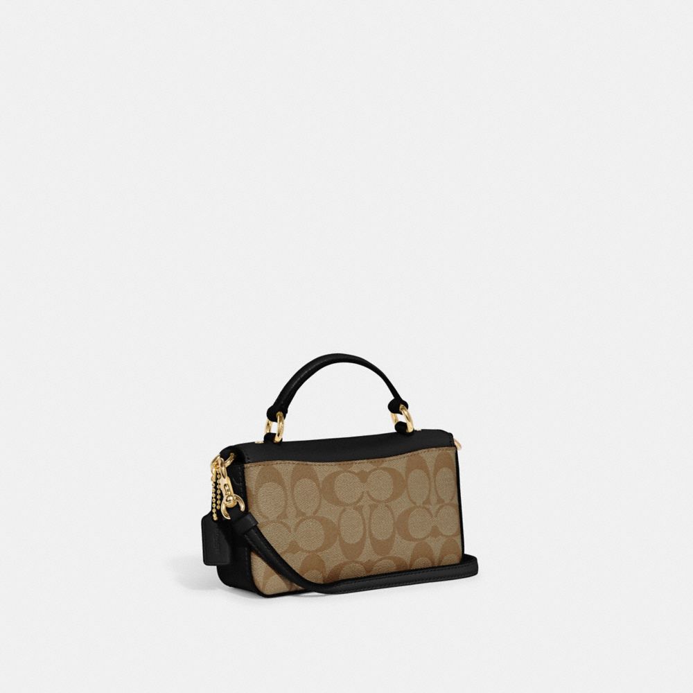COACH®,MINI PORTÉ-CROISÉ À POIGNÉE SUPÉRIEURE JOSIE EN TOILE SIGNATURE À CONTRASTE DE COULEUR,Toile enduite embl...,Or/Kaki Noir Multi,Angle View