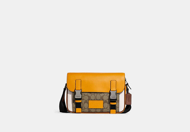 COACH®,TRACK CROSSBODY IN COLORBLOCK SIGNATURE CANVAS,Large,Black Antique Nickel/Honeycomb/Khaki Multi,Front View