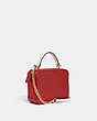 COACH®,DISNEY X COACH BOX CROSSBODY BAG WITH CRUELLA MOTIF,Crossgrain Leather,Small,Gold/Red Apple Multi,Angle View