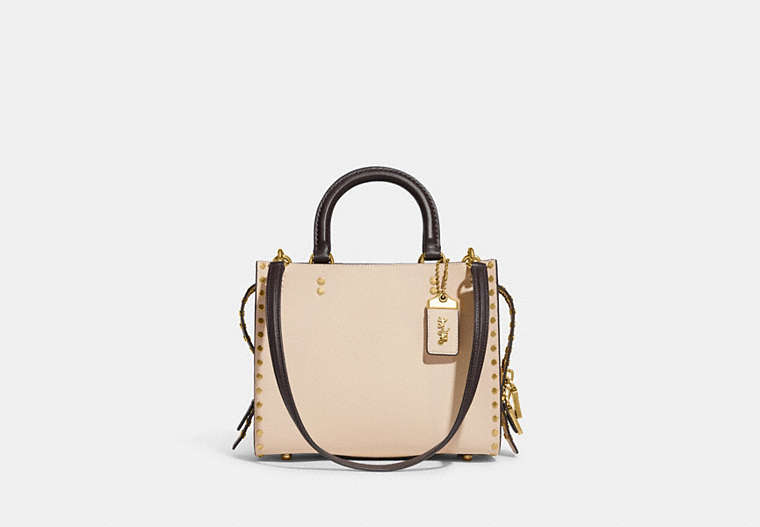 COACH®,ROGUE BAG 25 IN COLORBLOCK WITH RIVETS,Smooth Leather,Medium,Brass/Ivory Multi,Front View