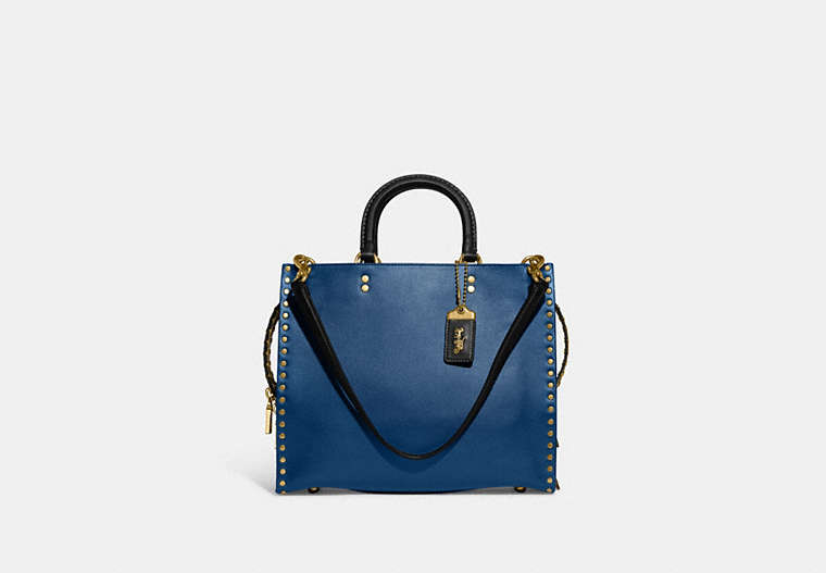 COACH®,ROGUE BAG IN COLORBLOCK WITH RIVETS,Glovetanned Leather,Large,Brass/True Blue Multi,Front View