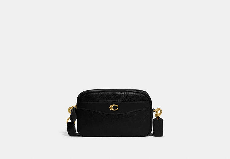 COACH®,CAMERA BAG,Pebble Leather,Small,Brass/Black,Front View