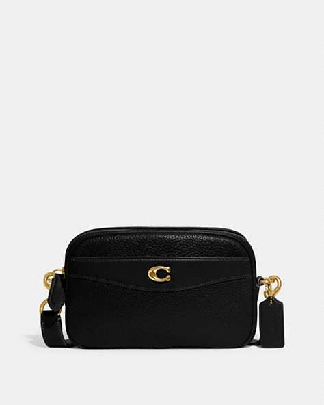 COACH®,CAMERA BAG,Pebble Leather,Small,Brass/Black,Front View