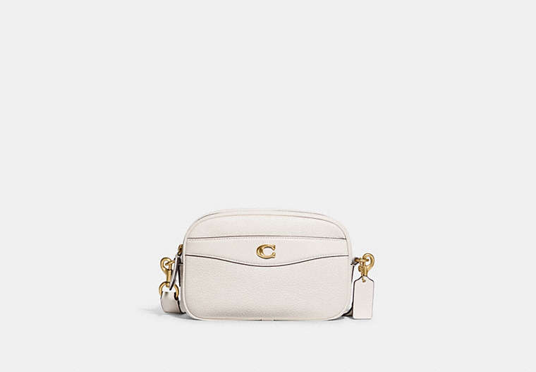 COACH®,CAMERA BAG,Pebble Leather,Small,Brass/Chalk,Front View