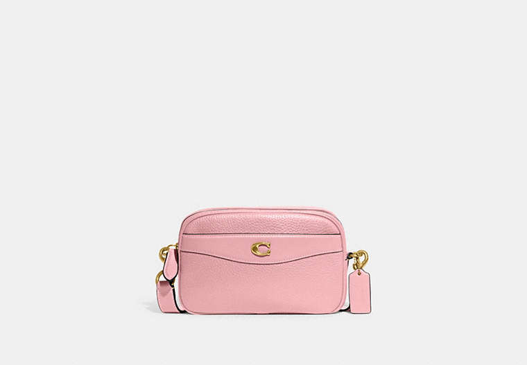 COACH®,CAMERA BAG,Pebble Leather,Small,Brass/Bubblegum,Front View image number 0