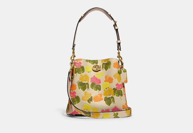 COACH®,WILLOW BUCKET BAG WITH FLORAL PRINT,Polished Pebble Leather,Medium,Brass/Multi,Front View
