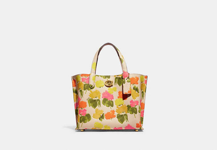 COACH®,WILLOW TOTE BAG 24 WITH FLORAL PRINT,Polished Pebble Leather,Medium,Brass/Multi,Front View