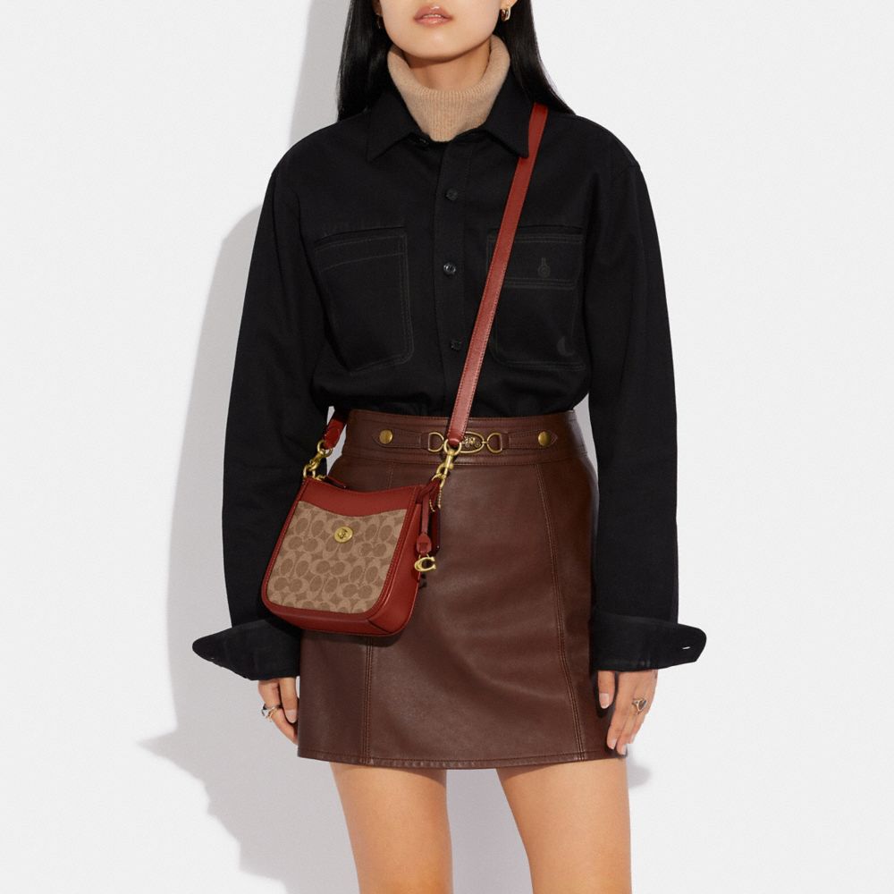 COACH®,Chaise Crossbody 19 In Signature Canvas,Canvas,Calfskin Leather,Crossbody,Color Block,Brass,Casual,Brown,Detail View