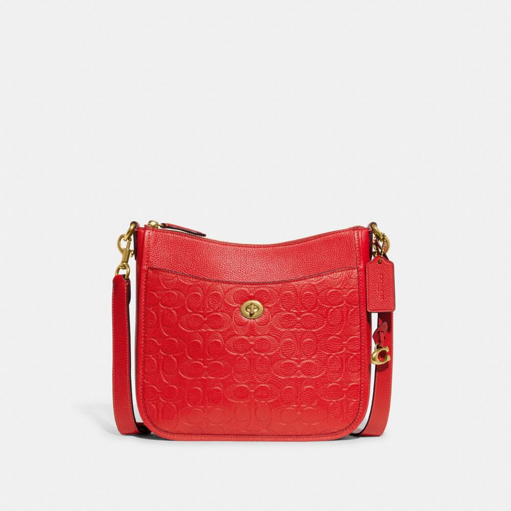 COACH®,CHAISE CROSSBODY BAG IN SIGNATURE LEATHER,Medium,Brass/Sport Red,Front View