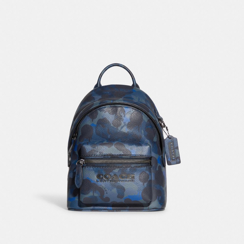 COACH®,CHARTER BACKPACK 18 WITH CAMO PRINT,Polished Pebble Leather,Small,Blue/Midnight Navy,Front View image number 0