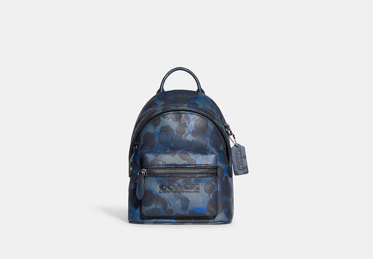 COACH®,CHARTER BACKPACK 18 WITH CAMO PRINT,Polished Pebble Leather,Small,Blue/Midnight Navy,Front View