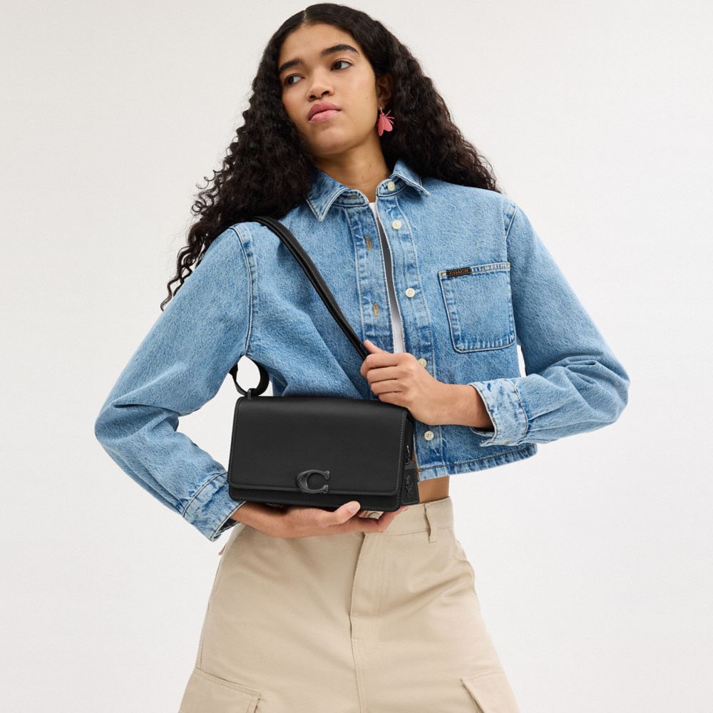 COACH®,Bandit Shoulder Bag,Leather,Calf Hair,Shoulder Bag,Logo,Metal,Adjustable,Gold Metal,Casual,Black,Detail View
