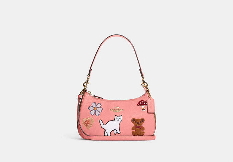 COACH®,TERI SHOULDER BAG WITH CREATURE PATCHES,Large,Gold/Candy Pink Multi,Front View image number 0