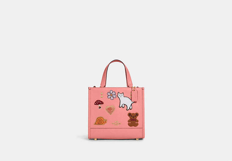 COACH®,DEMPSEY TOTE 22 WITH CREATURE PATCHES,Medium,Gold/Candy Pink Multi,Front View