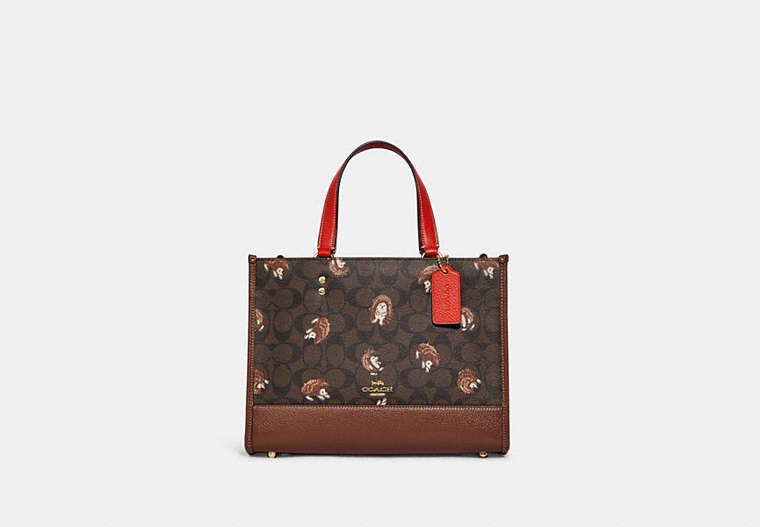 COACH®,DEMPSEY CARRYALL IN SIGNATURE CANVAS WITH HEDGEHOG PRINT,Large,Gold/Brown Black Multi,Front View