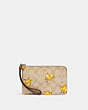 COACH®,CORNER ZIP WRISTLET IN SIGNATURE CANVAS WITH TOSSED CHICK PRINT,Mini,Gold/Light Khaki Multi,Front View