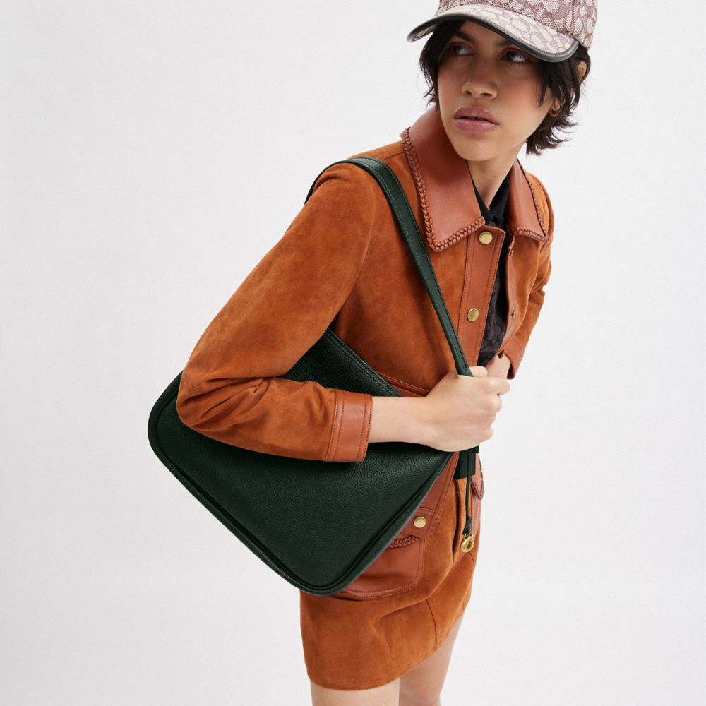 COACH®,Cary Shoulder Bag,Leather,Hobo,Metal,Logo,Casual,Emerald,Detail View
