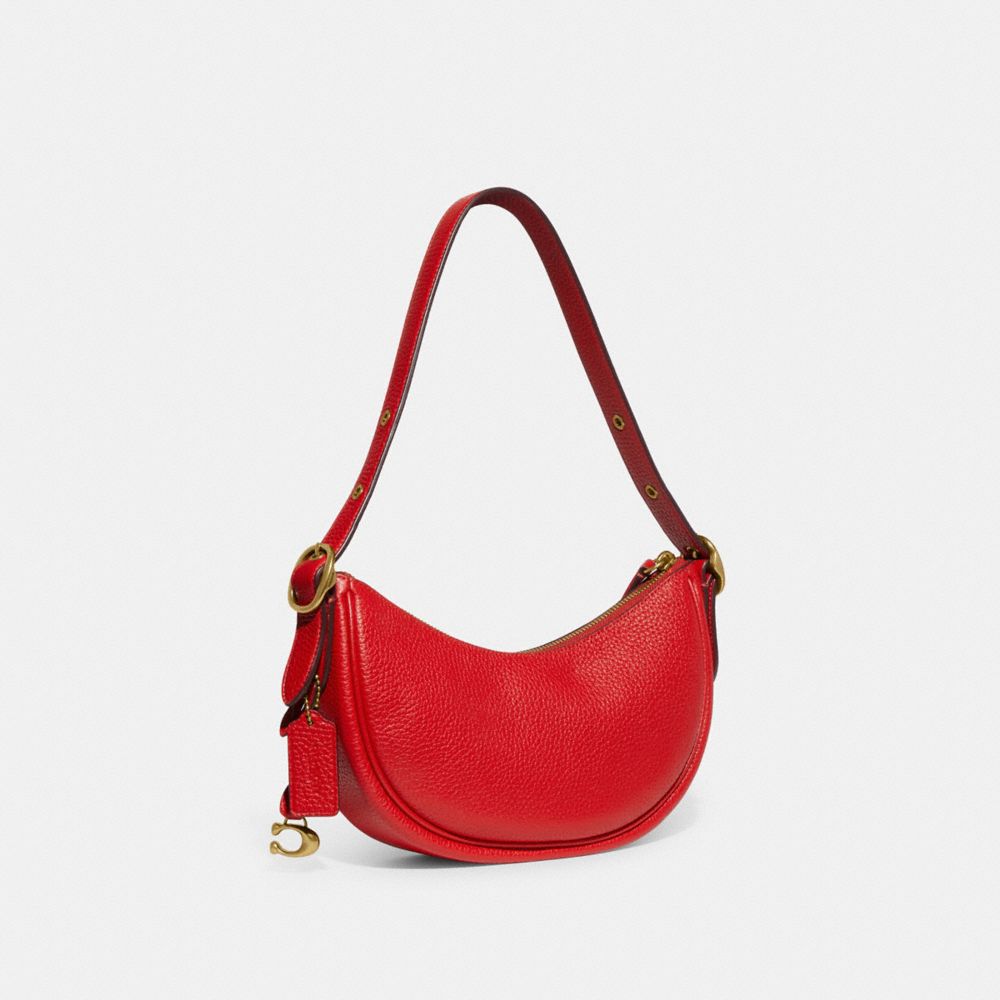 COACH®,Luna Shoulder Bag,Silk,Leather,Shoulder Bag,Logo,Metal,Adjustable,Gold Metal,Casual,Red,Angle View