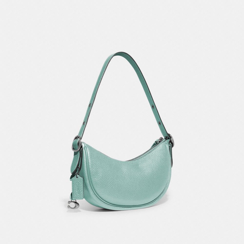 COACH®,Luna Shoulder Bag,Silk,Leather,Shoulder Bag,Metal,Logo,Adjustable,Gold Metal,Casual,Turquoise,Angle View