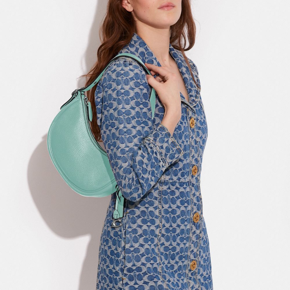 COACH®,Luna Shoulder Bag,Silk,Leather,Shoulder Bag,Metal,Logo,Adjustable,Gold Metal,Casual,Turquoise,Detail View