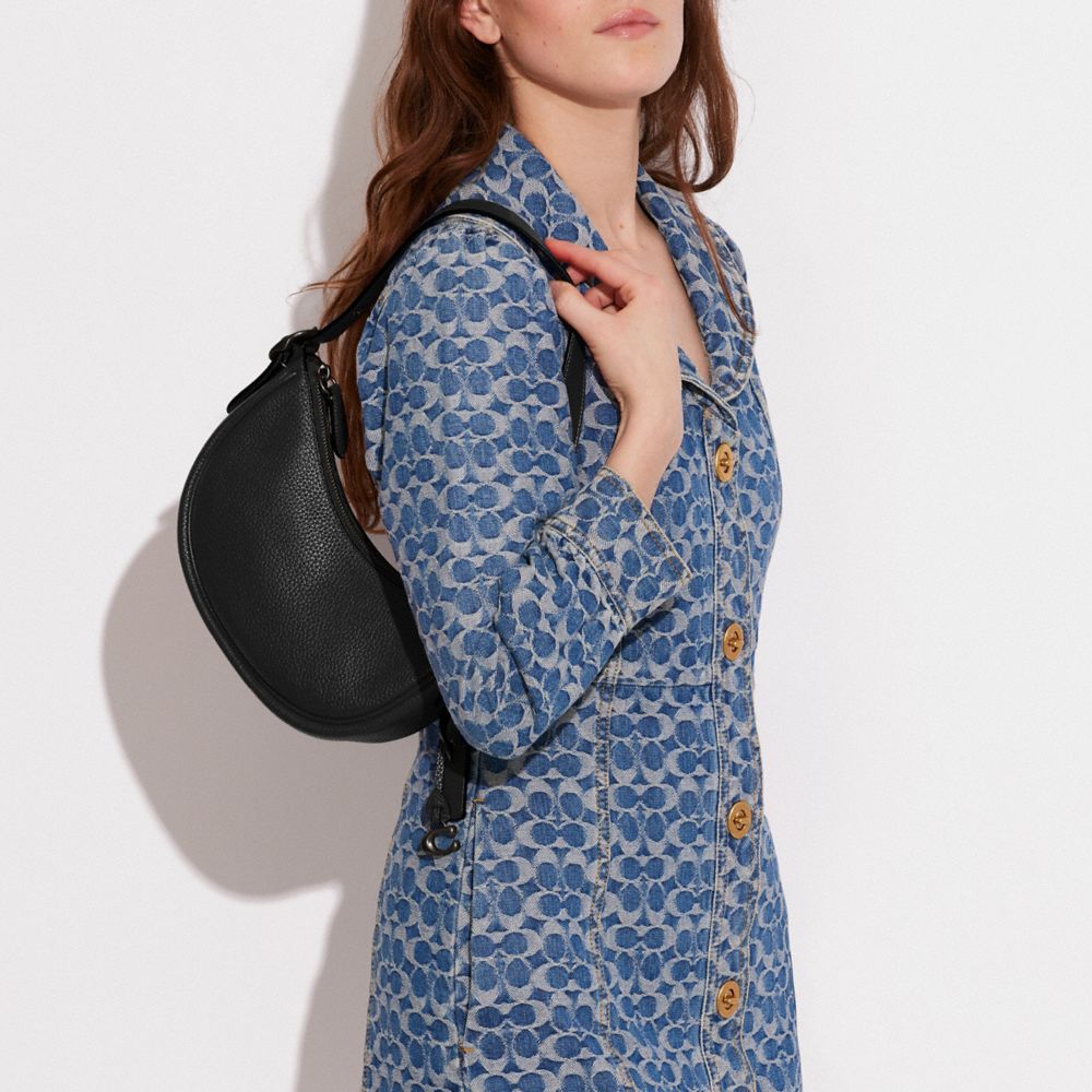 COACH®,Luna Shoulder Bag,Silk,Leather,Shoulder Bag,Logo,Metal,Adjustable,Gold Metal,Casual,Black,Detail View