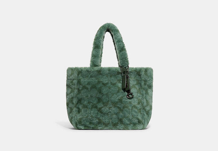 COACH®,TOTE 28 IN SIGNATURE SHEARLING,Shearling/Leather,Medium,Pewter/Green,Front View