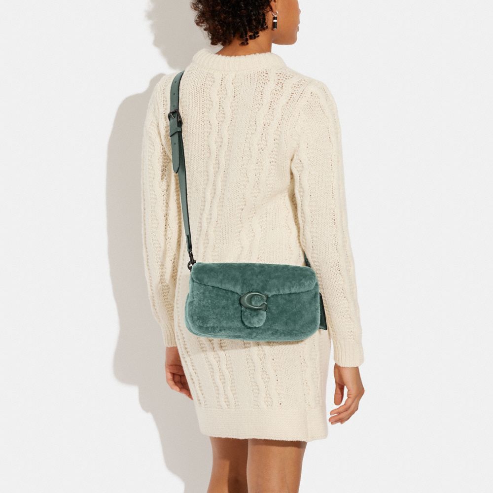 COACH®,Pillow Tabby Shoulder Bag 26 In Shearling,Leather,Shearling,Shoulder Bag,Logo,Compact,Casual,Emerald,Detail View