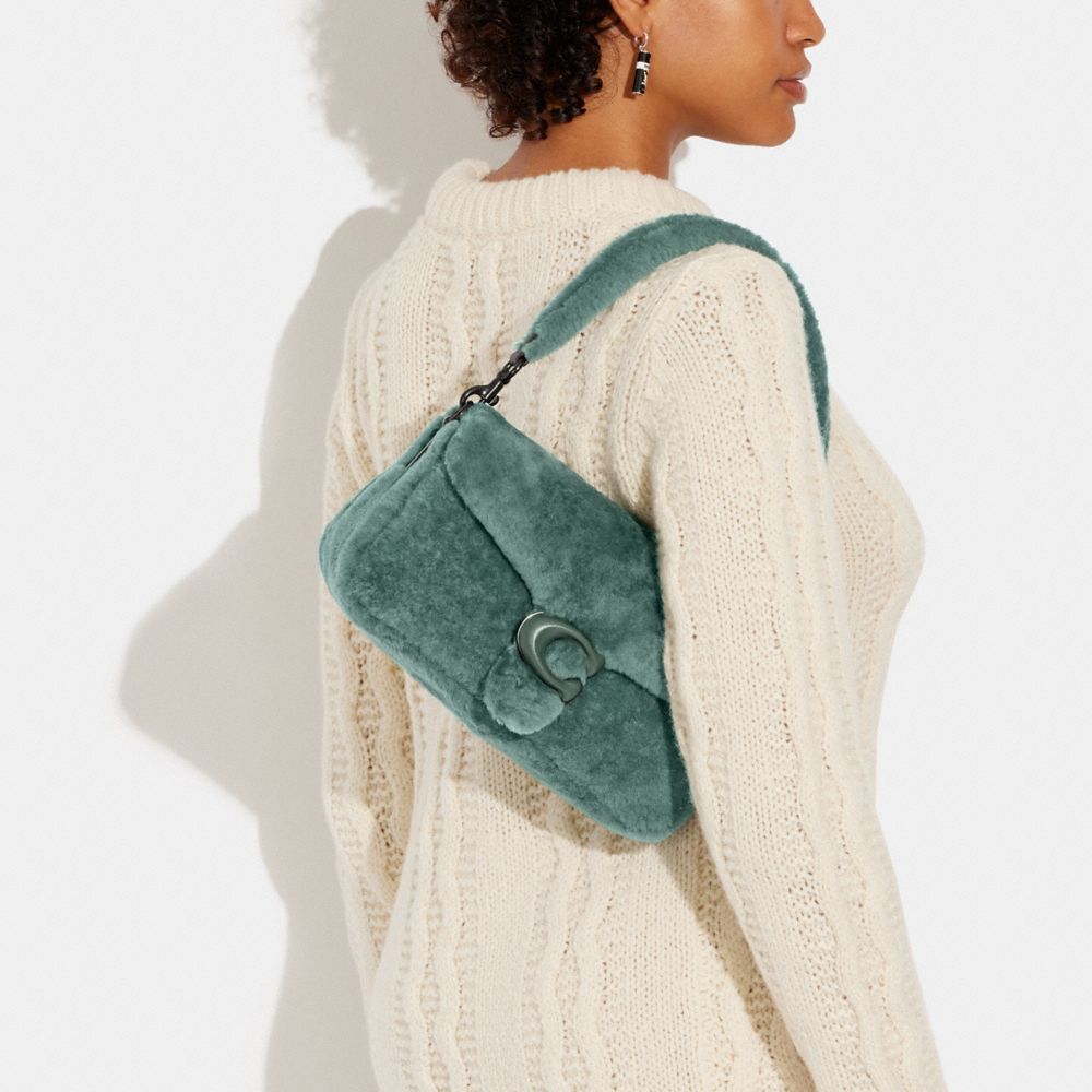 COACH®,Pillow Tabby Shoulder Bag 26 In Shearling,Leather,Shearling,Shoulder Bag,Logo,Compact,Casual,Emerald,Detail View