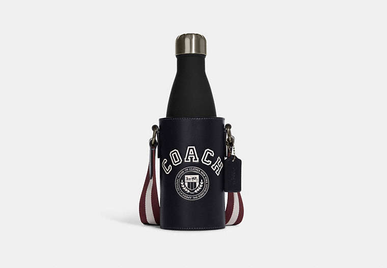 COACH®,WATER BOTTLE CROSSBODY WITH VARSITY MOTIF,Refined Calf Leather,Mini,Gunmetal/Midnight Navy Multi,Front View