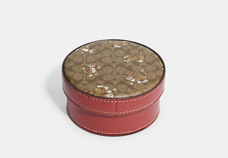 COACH®,TRINKET BOX IN SIGNATURE CANVAS WITH DANCING KITTEN PRINT,Signature Coated Canvas,Mini,Gold/Khaki Multi,Front View