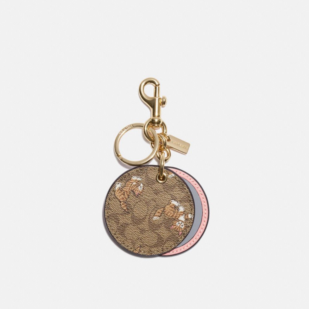 COACH®,MIRROR BAG CHARM IN SIGNATURE CANVAS WITH DANCING KITTEN PRINT,Gold/Khaki Multi,Front View