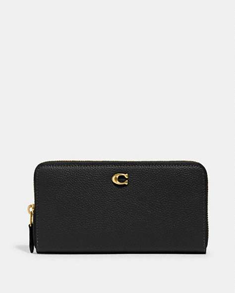 COACH®,ACCORDION ZIP WALLET,Polished Pebble Leather,Brass/Black,Front View