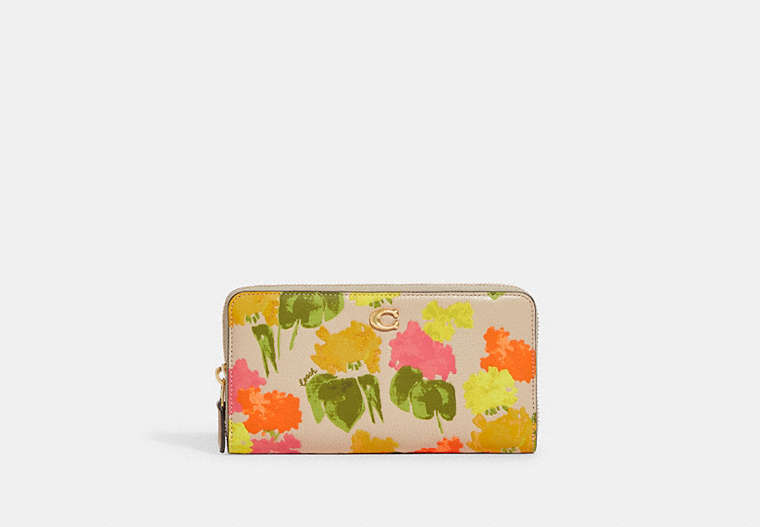 COACH®,ACCORDION ZIP WALLET WITH FLORAL PRINT,Polished Pebble Leather,Brass/Multi,Front View