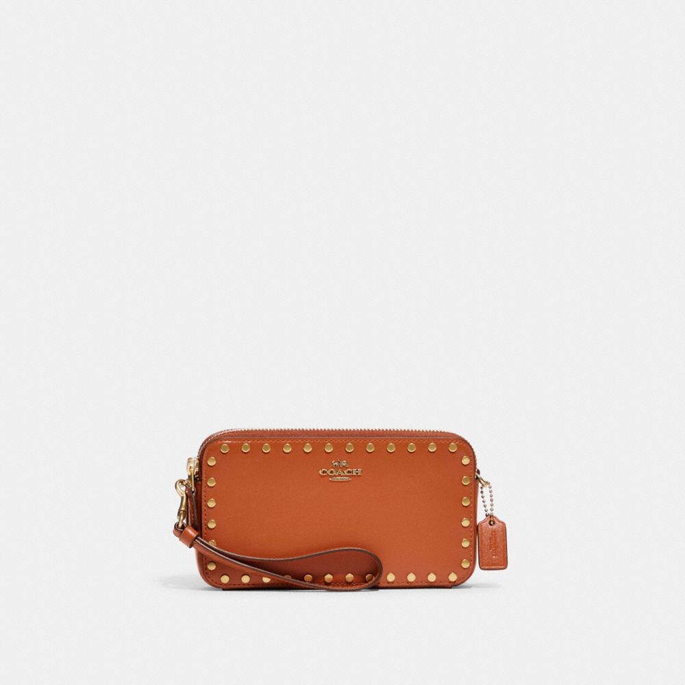 COACH®,KIRA CROSSBODY BAG WITH RIVETS,Calf Leather,Mini,Brass/Canyon,Front View image number 0