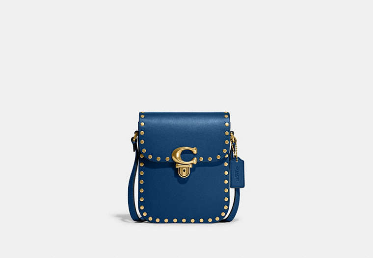 COACH®,TALL STUDIO CROSSBODY WITH RIVETS,Glovetanned Leather,Mini,Brass/Blue,Front View