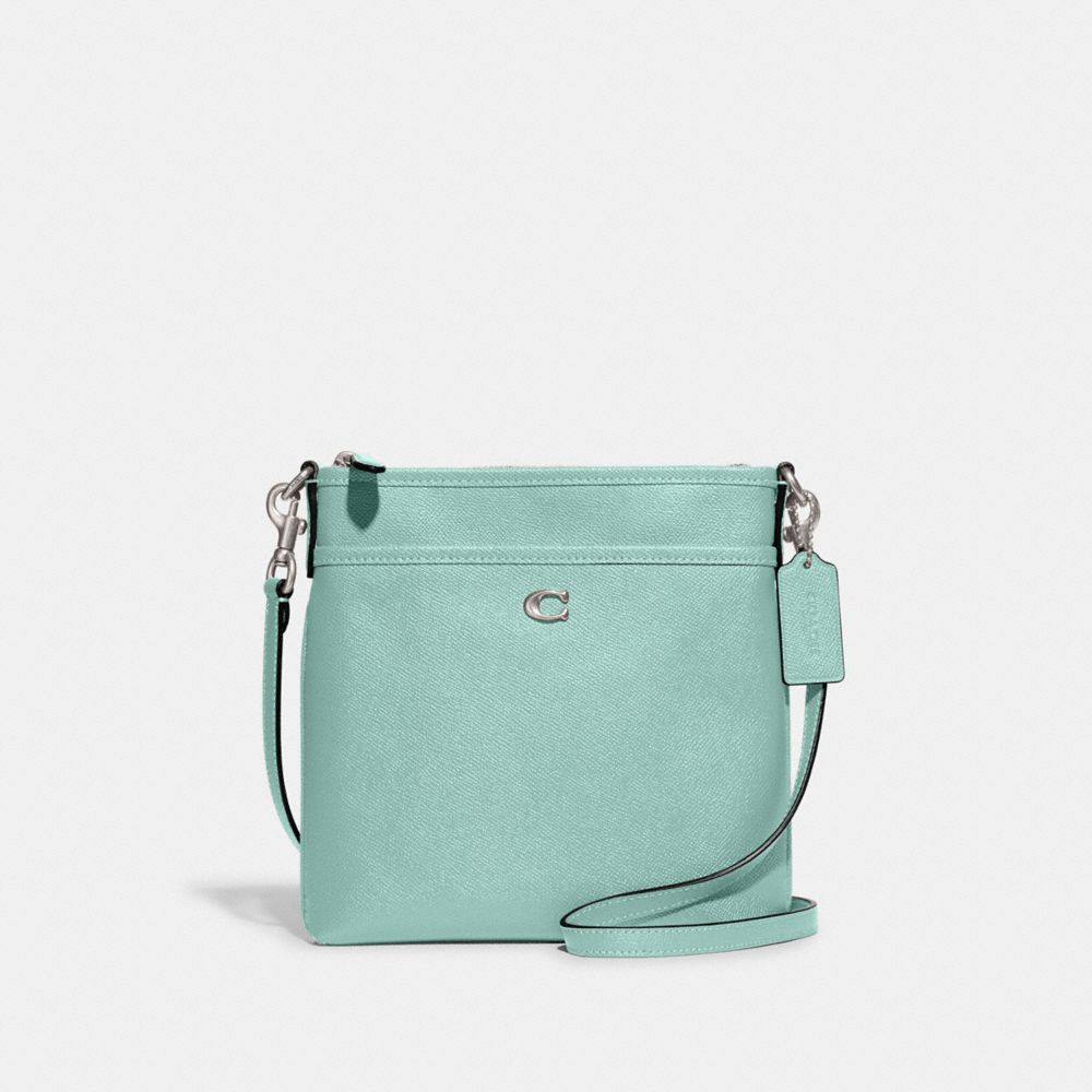 COACH®,KITT MESSENGER CROSSBODY BAG,Crossgrain Leather,Small,Silver/Faded Blue,Front View