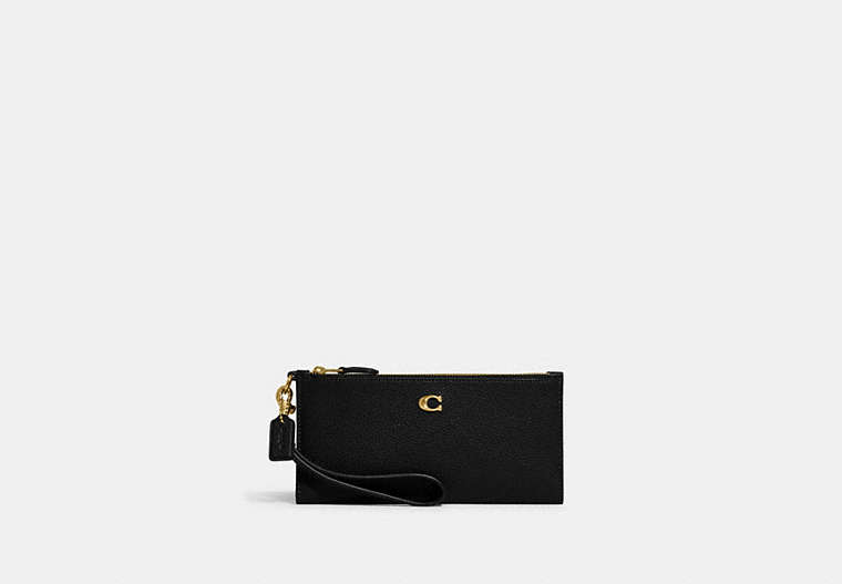 COACH®,DOUBLE ZIP WALLET,Polished Pebble Leather,Mini,Brass/Black,Front View