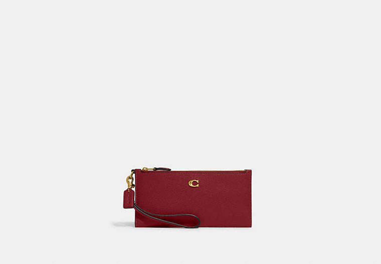 COACH®,DOUBLE ZIP WALLET,Polished Pebble Leather,Mini,Brass/Cherry,Front View