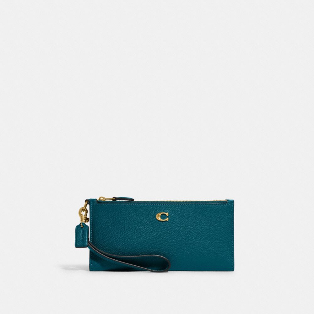 COACH®,Double Zip Wallet,Leather,Wristlet,Bi Fold,Continental,Logo,Metal,Gold Metal,Casual,,Front View