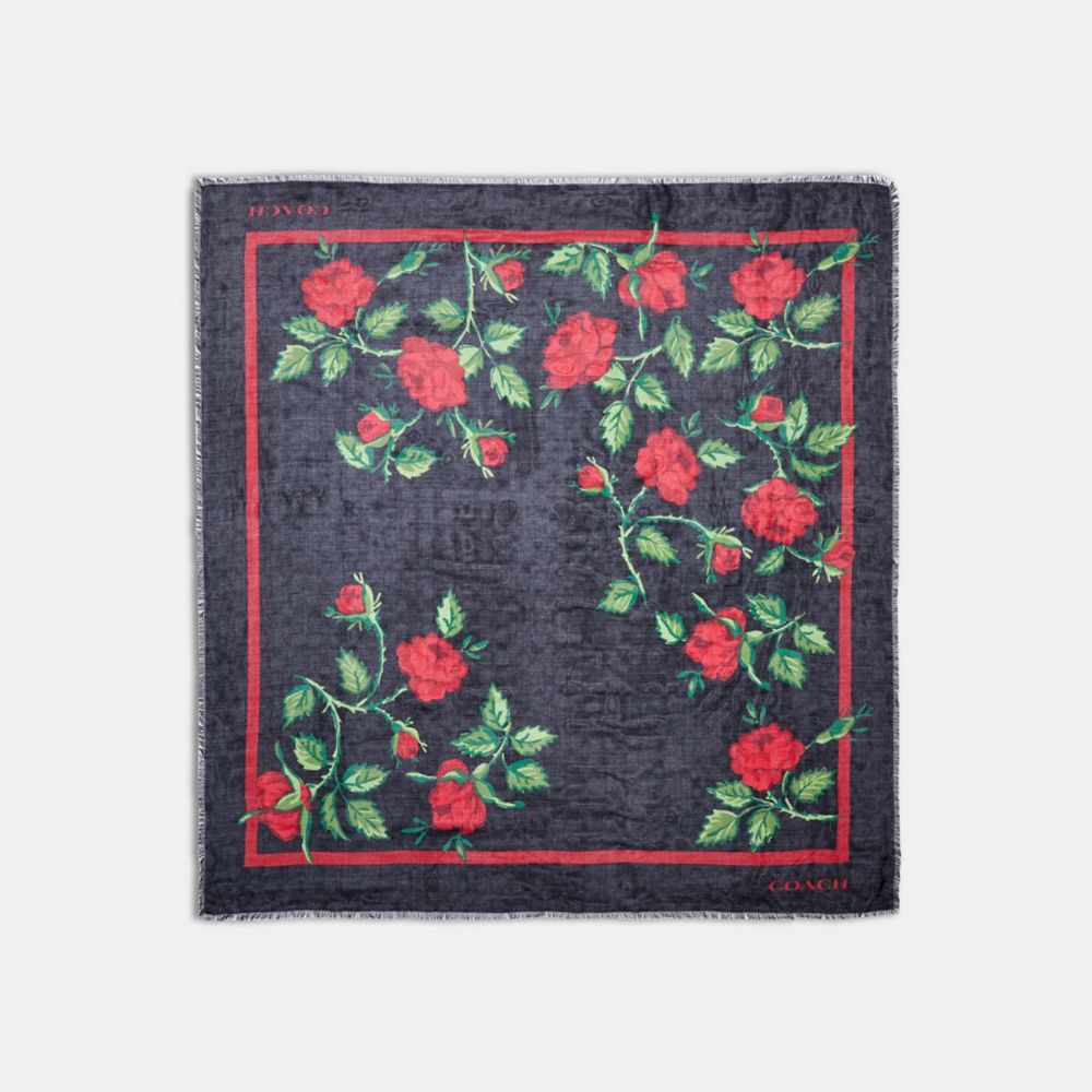 COACH®,SIGNATURE FAIRYTALE ROSE PRINT OVERSIZED SQUARE SCARF,Graphite/Red,Front View