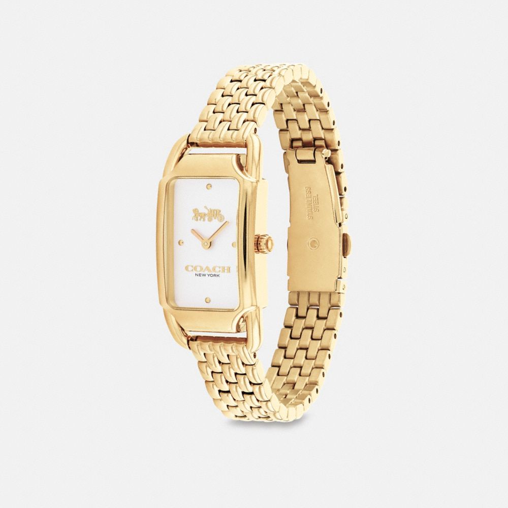 COACH®,Cadie Watch, 20 Mm X 32.5 Mm,Analog,Crystal,Word Embellishment,Logo,Water Resistant,Gold Metal,Work,,Angle View