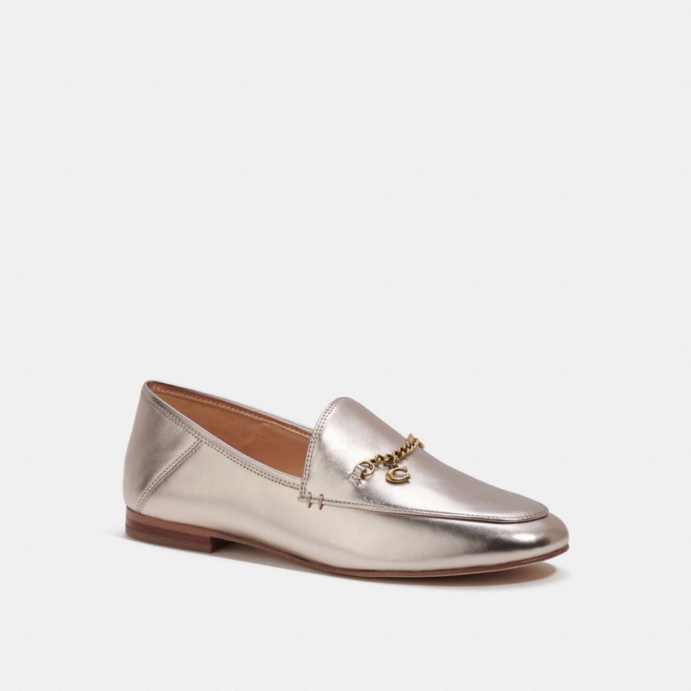 COACH®,Hanna Loafer,Rubber,Leather,Lining Leather,Metallic,Flats,Loafer,Foam,Chain Detail,Gold Metal,Day Party,Metallic,Silver,Front View