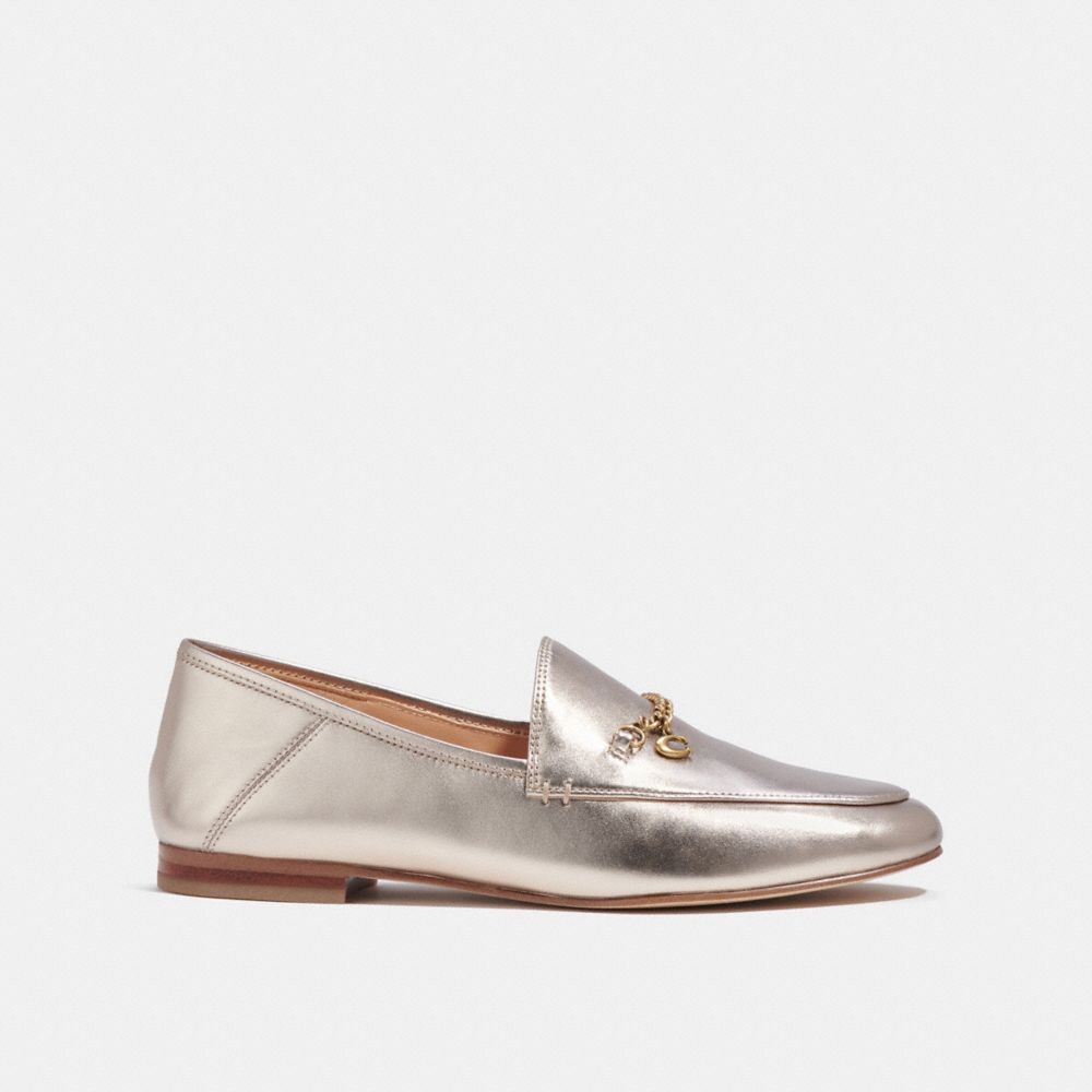 COACH®,Hanna Loafer,Rubber,Leather,Lining Leather,Metallic,Flats,Loafer,Foam,Chain Detail,Gold Metal,Day Party,Metallic,Silver,Angle View