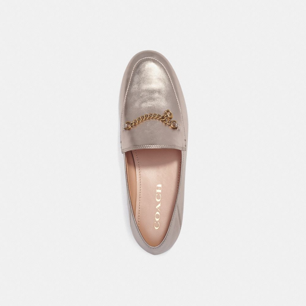 COACH®,Hanna Loafer,Rubber,Leather,Lining Leather,Metallic,Flats,Loafer,Foam,Chain Detail,Gold Metal,Day Party,Metallic,Silver,Inside View,Top View