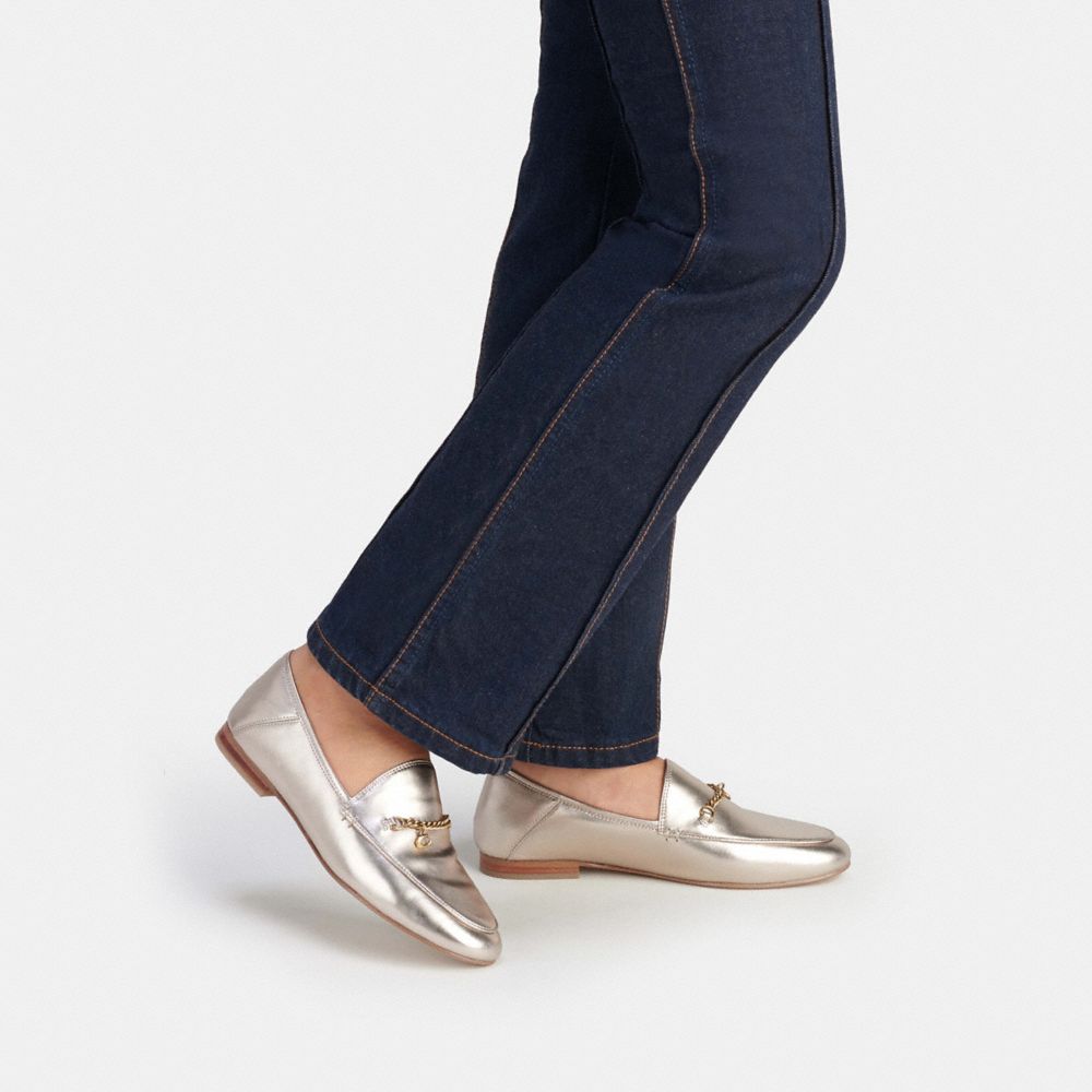 COACH®,Hanna Loafer,Rubber,Leather,Lining Leather,Metallic,Flats,Loafer,Foam,Chain Detail,Gold Metal,Day Party,Metallic,Silver,Detail View