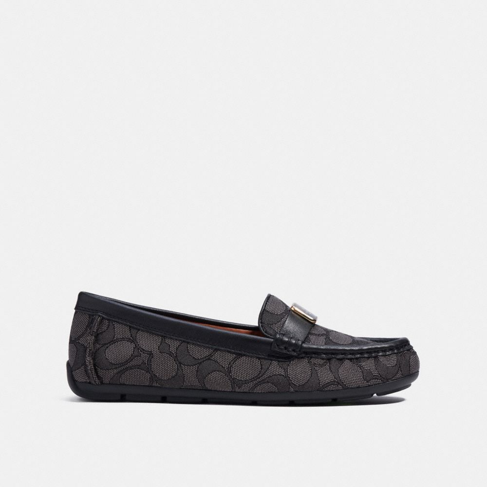 COACH®,MONA DRIVER IN SIGNATURE JACQUARD,Smoke/Coal/Black,Angle View