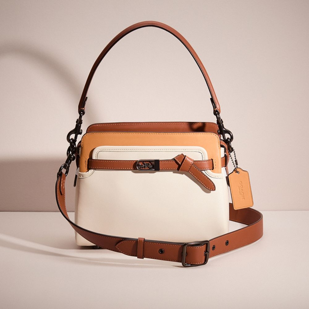 COACH®,Restored Tate Carryall In Colorblock,Leather,Crossbody,Color Block,Logo,Metal,Day Party,Cream,Front View